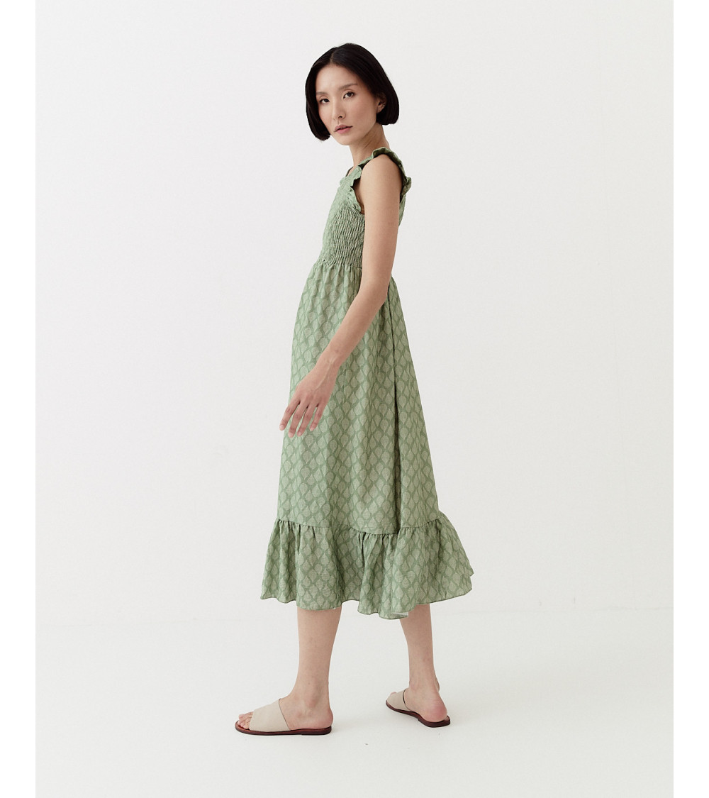 VESTIDO MIDI MANGA SISA CON VOLANTES ESTAMPADO | MULAYA