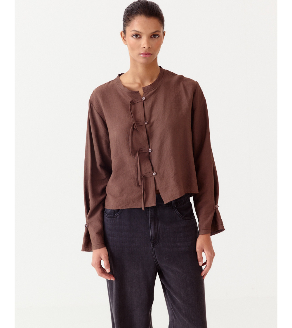 BLUSA MANGA LARGA ESTILO CHINO CUELLO REDONDO | MULAYA