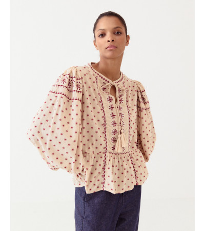 Blusa peplum de manga larga con bordados étnicos | MULAYA