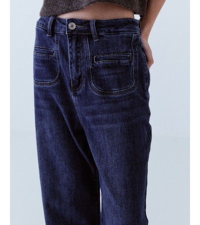 Jeans Wide Leg Tiro Alto Bolsillos Parche | MULAYA