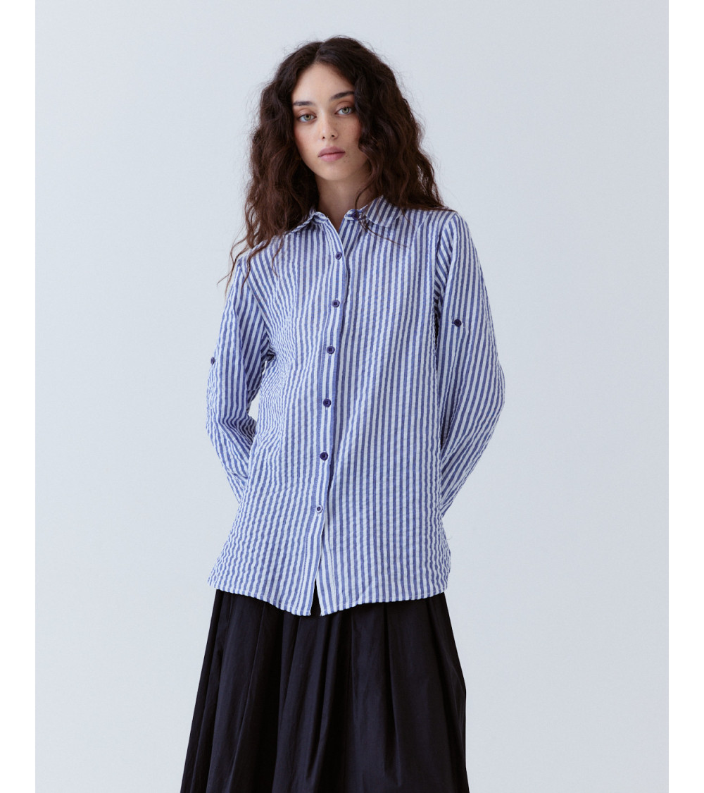 Camisa Larga Rayas Charreteras Algodón | MULAYA