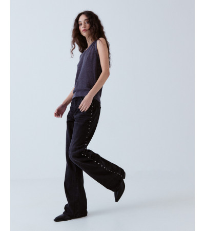 JEANS RECTO ANCHO TACHAS LATERALES TIRO ALTO | MULAYA