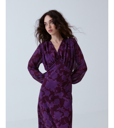 VESTIDO MIDI ESCOTE PICO FLORES FRUNCIDO | MULAYA