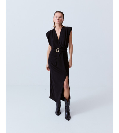 VESTIDO LARGO PICO HOMBRERAS APLIQUE DORADO | MULAYA