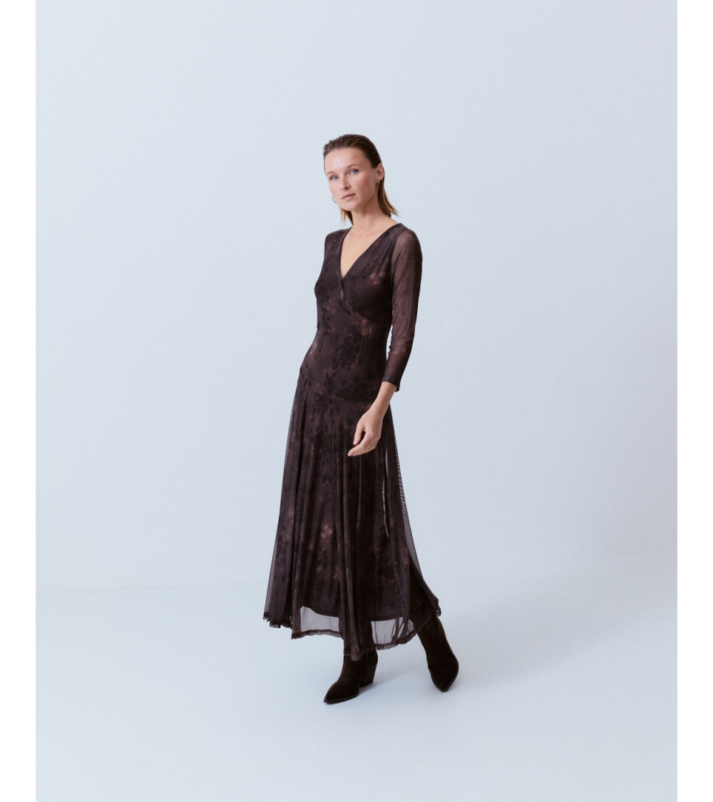 VESTIDO LARGO TUL ESTAMPADO ESCOTE CRUZADO | MULAYA