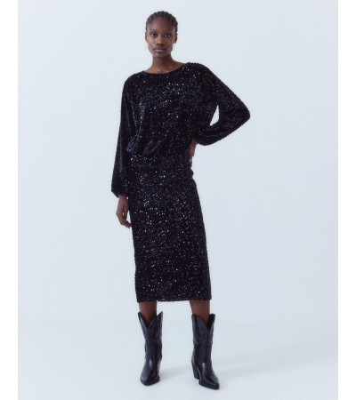 FALDA MIDI LENTEJUELAS AJUSTADA CINTURA ELÁSTICA | MULAYA