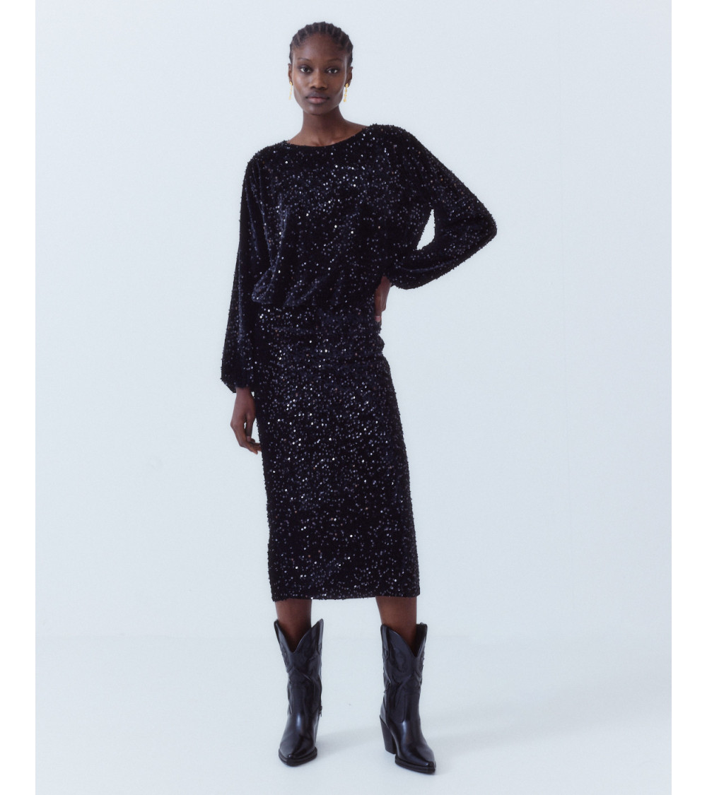 FALDA MIDI LENTEJUELAS AJUSTADA CINTURA ELÁSTICA | MULAYA