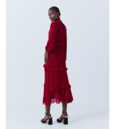 VESTIDO LARGO VOLANTES CUELLO ALTO TRANSPARENCIAS | MULAYA