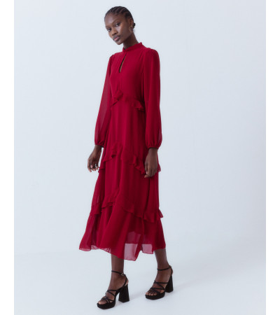 VESTIDO LARGO VOLANTES CUELLO ALTO TRANSPARENCIAS | MULAYA