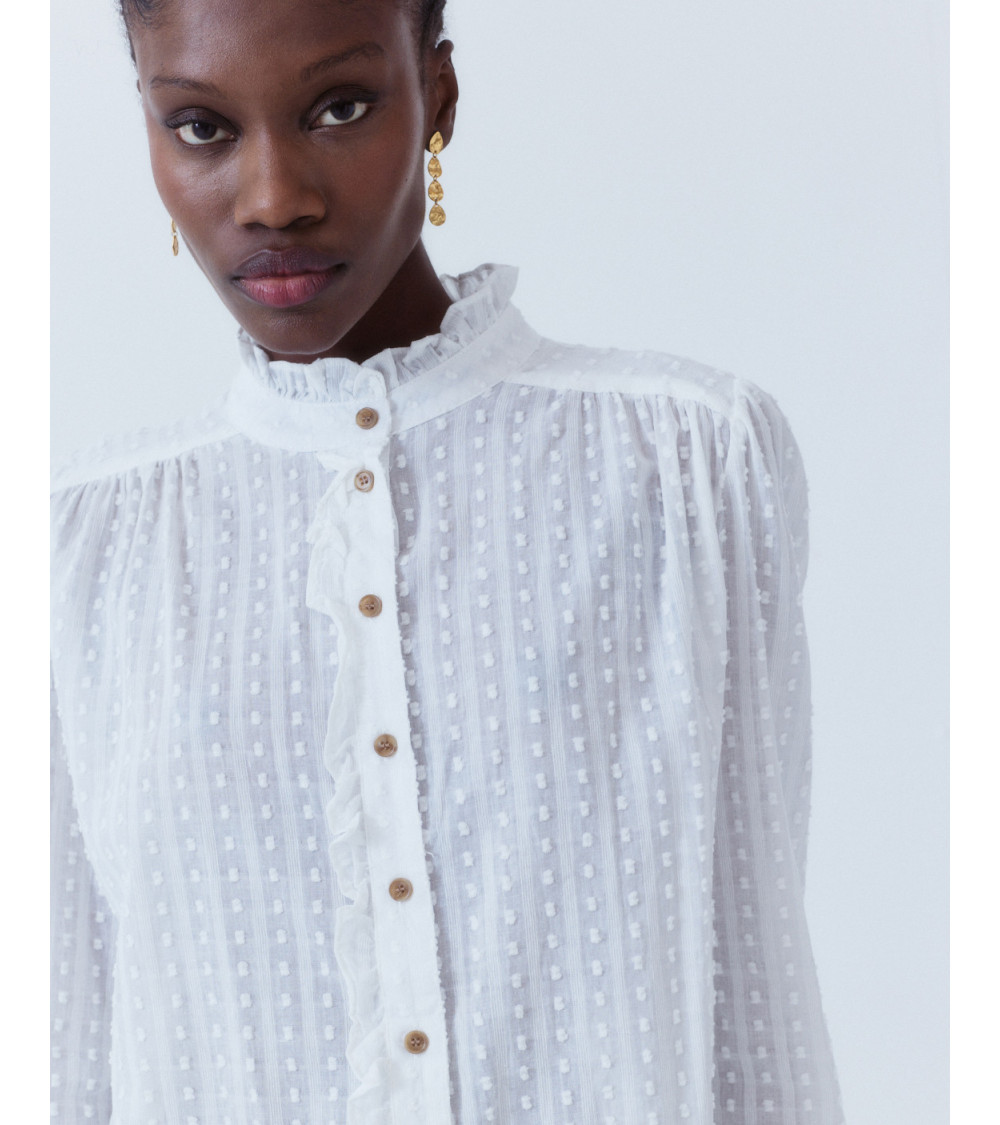 BLUSA ALGODÓN VOLANTES CUELLO ALTO ROMÁNTICA | MULAYA