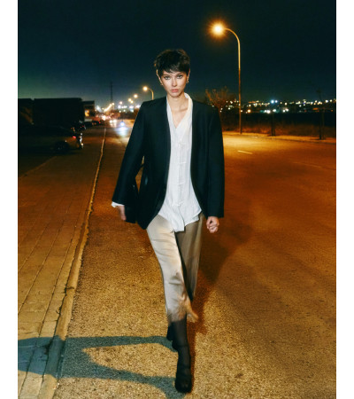 PANTALÓN SATÉN ENCAJE CINTURA ELÁSTICA ELEGANTE | MULAYA