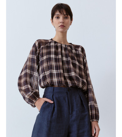 BLUSA CUADROS CUELLO REDONDO MANGA LARGA | MULAYA