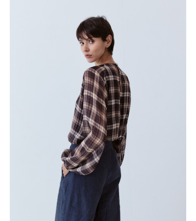 BLUSA CUADROS CUELLO REDONDO MANGA LARGA | MULAYA