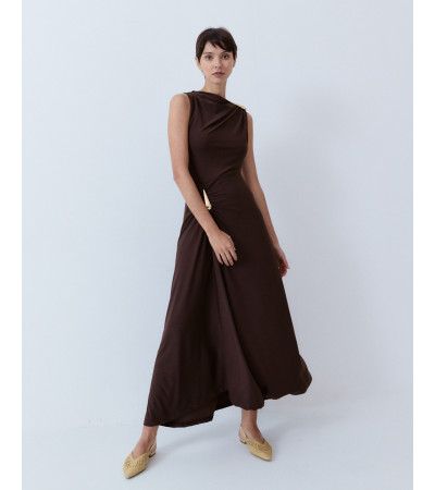 VESTIDO LARGO CUELLO BARCO APLIQUE DORADO | MULAYA