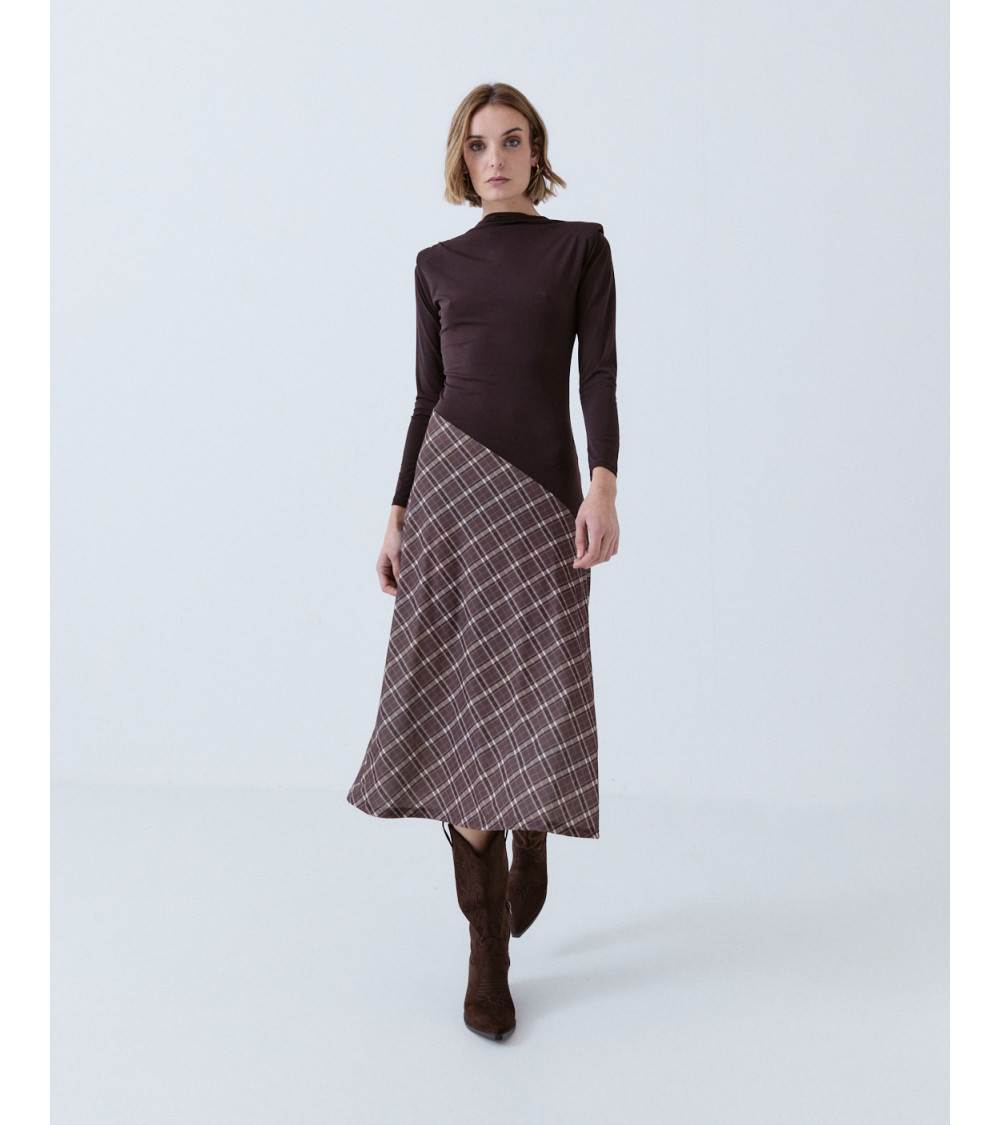 VESTIDO ASIMÉTRICO CUADROS Y HOMBRERAS | MULAYA