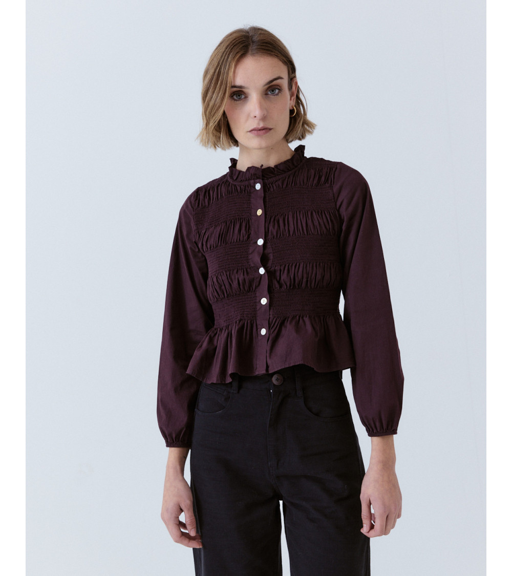 BLUSA FRUNCIDA CON VOLANTES Y MANGA GLOBO | MULAYA