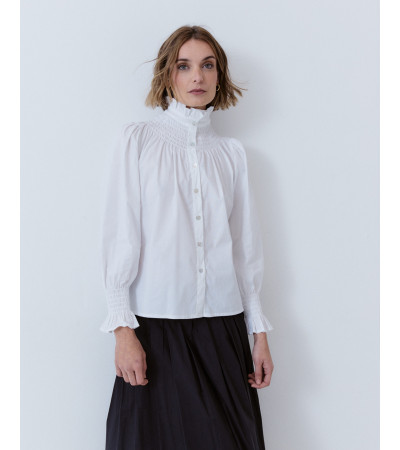 CAMISA CUELLO ALTO FRUNCIDO Y VOLANTES | MULAYA