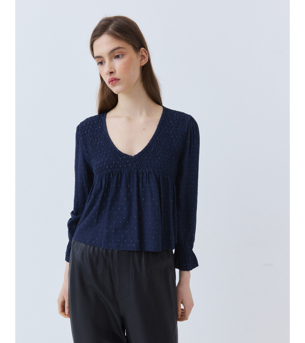 Blusa Cuello V con Lurex y Fruncidos | MULAYA
