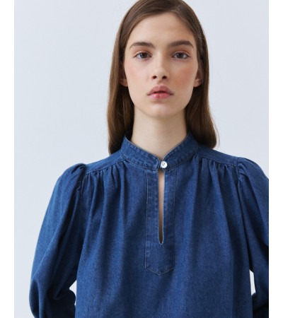 Blusa Denim con Escote en V y Manga Abullonada | MULAYA