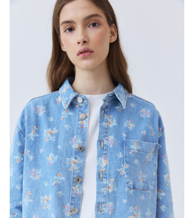 Cazadora Denim Crop con Estampado de Flores | MULAYA