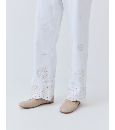 PANTALÓN BAJO BORDADO CALADO PIERNA ANCHA | MULAYA
