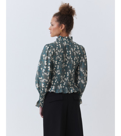 BLUSA ESTAMPADA CON FRUNCES Y VOLANTES | MULAYA