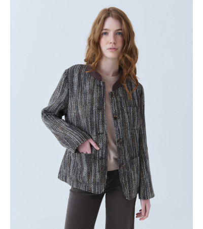 Chaqueta Contraste Tweed con Cuello Mao | MULAYA