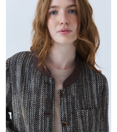 Chaqueta Contraste Tweed con Cuello Mao | MULAYA