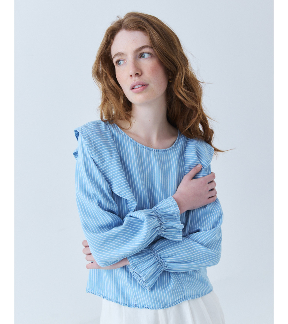 BLUSA DETALLE VOLANTES CON ESTAMPADO DE RAYAS | MULAYA