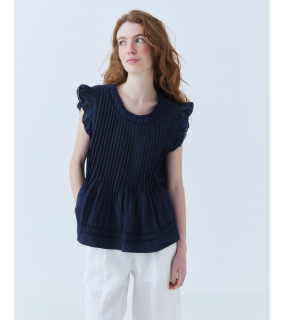 BLUSA DE ALGODÓN CON PLIEGUES Y VOLANTES | MULAYA