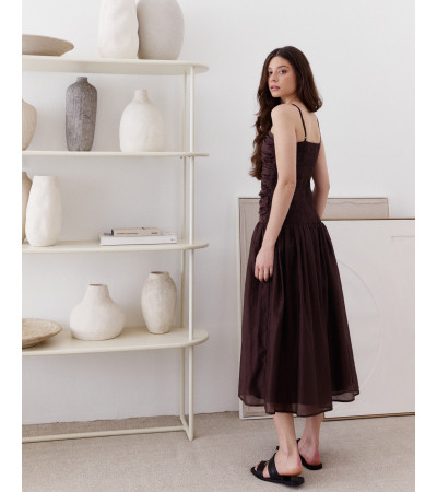 VESTIDO MIDI FRUNCIDO CON TIRANTES Y FORRO | MULAYA