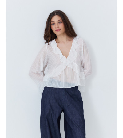 BLUSA CUELLO V CON VOLANTES Y SILUETA FLUIDA | MULAYA