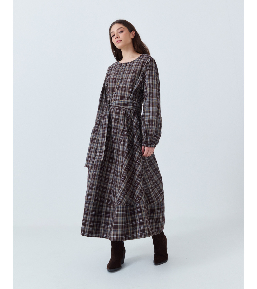 MAXI VESTIDO DE ALGODÓN A CUADROS CON CINTURÓN | MULAYA