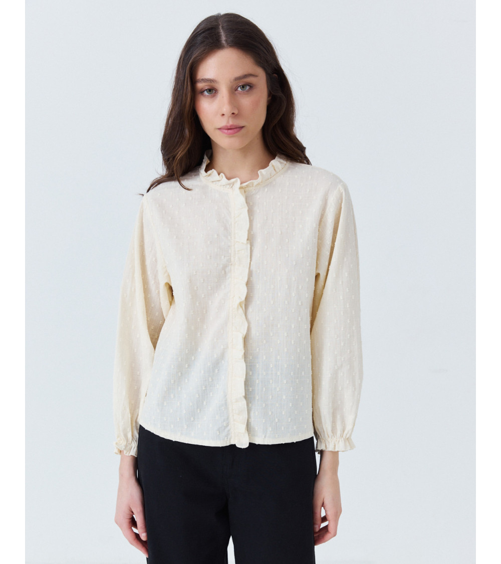 CAMISA DE PLUMETI CON VOLANTES Y PUÑO ELÁSTICO | MULAYA