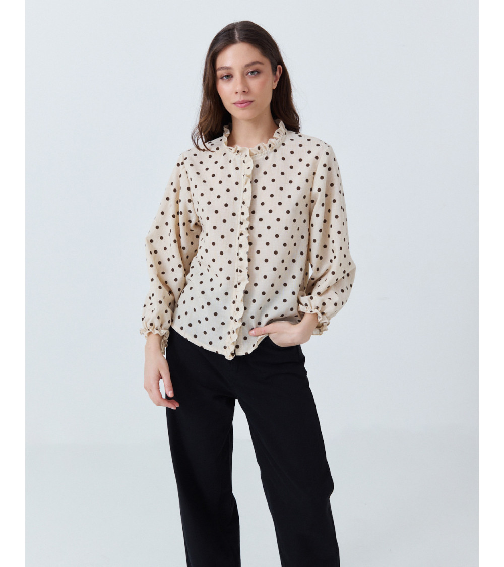 CAMISA DE ALGODÓN CON LUNARES Y DETALLE DE VOLANTES | MULAYA