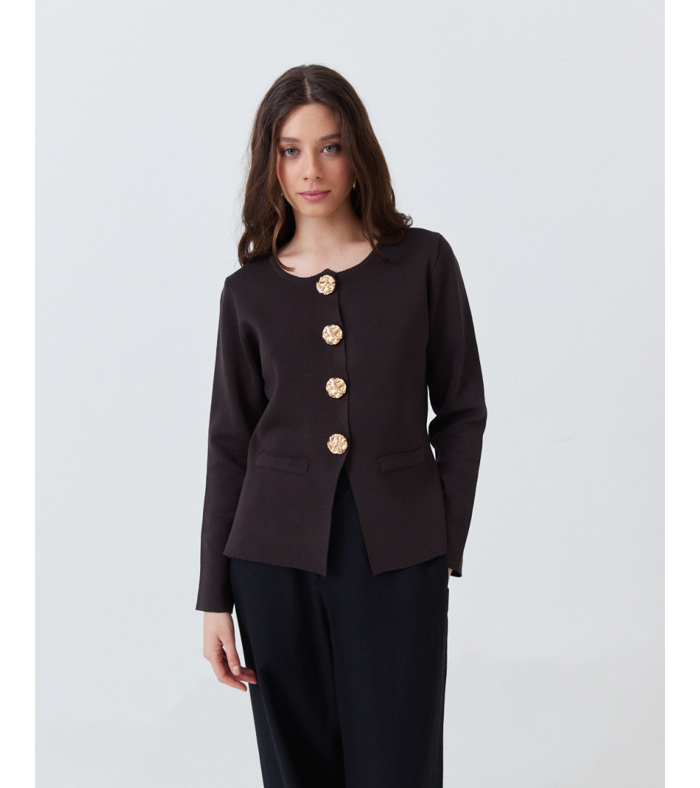 CHAQUETA DE PUNTO CON CORTE PEPLUM Y BOTONES JOYA | MULAYA