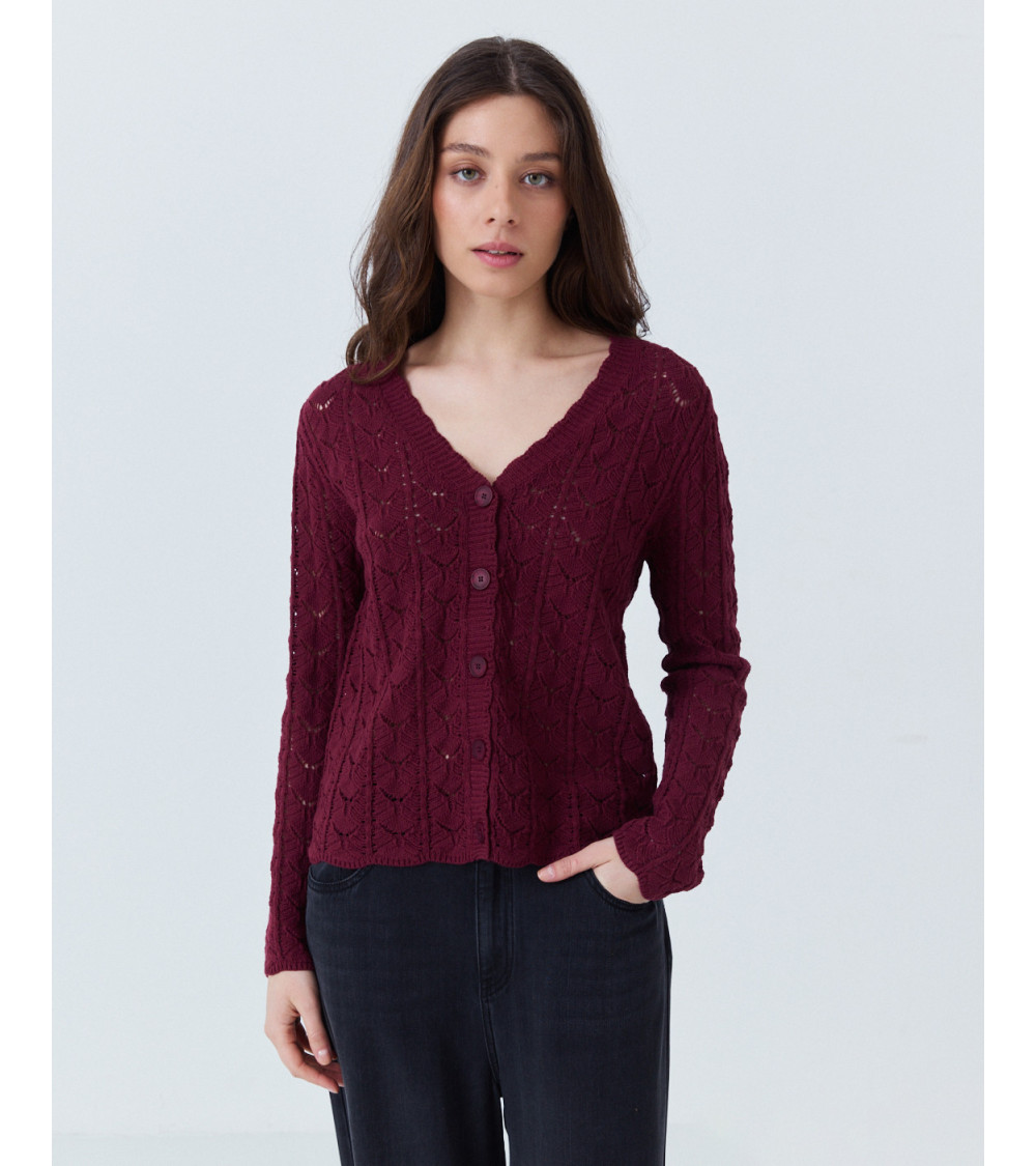 CÁRDIGAN DE PUNTO CALADO CON CUELLO PICO | MULAYA