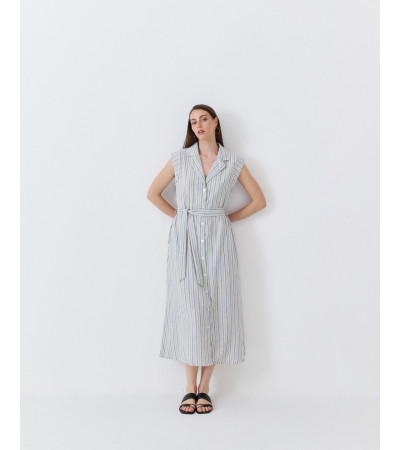 VESTIDO LARGO DE RAYAS CON CUELLO SOLAPA Y CINTURÓN | MULAYA