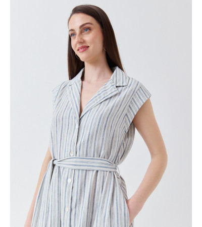 VESTIDO LARGO DE RAYAS CON CUELLO SOLAPA Y CINTURÓN | MULAYA