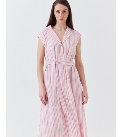 VESTIDO LARGO DE RAYAS CON CUELLO SOLAPA Y CINTURÓN | MULAYA