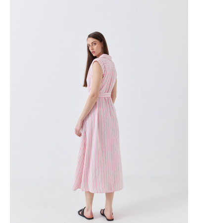 VESTIDO LARGO DE RAYAS CON CUELLO SOLAPA Y CINTURÓN | MULAYA