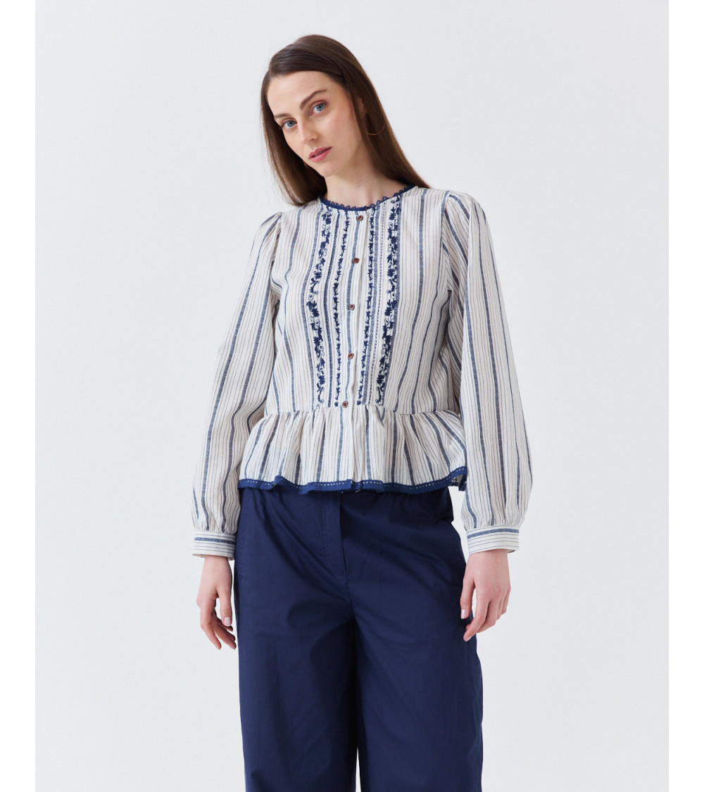 BLUSA ALGODÓN RAYAS CON BORDADOS Y PEPLUM | MULAYA