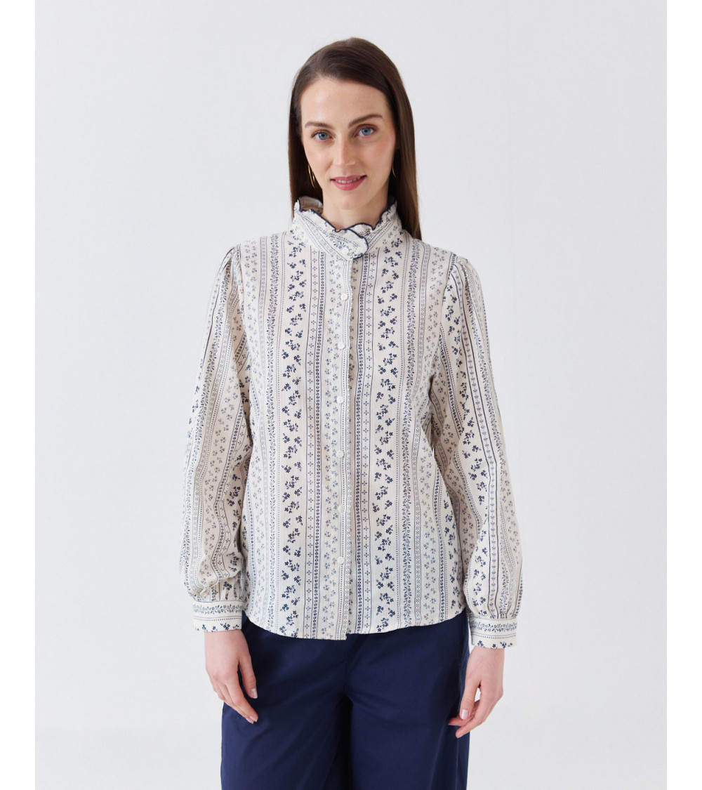 CAMISA ESTAMPADO GEOMÉTRICO Y CUELLO VOLANTES | MULAYA