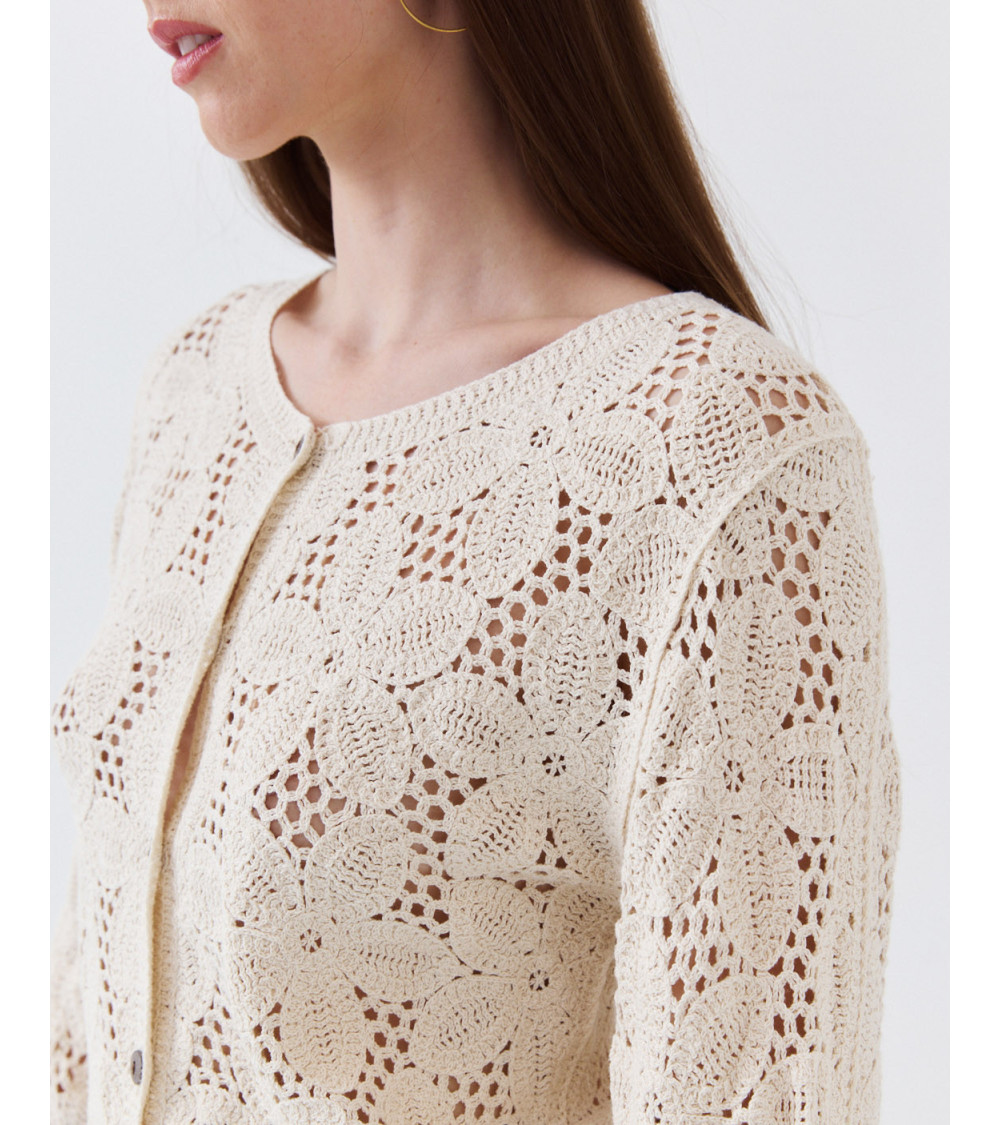 CARDIGAN DE PUNTO CROCHET CON CUELLO REDONDO | MULAYA