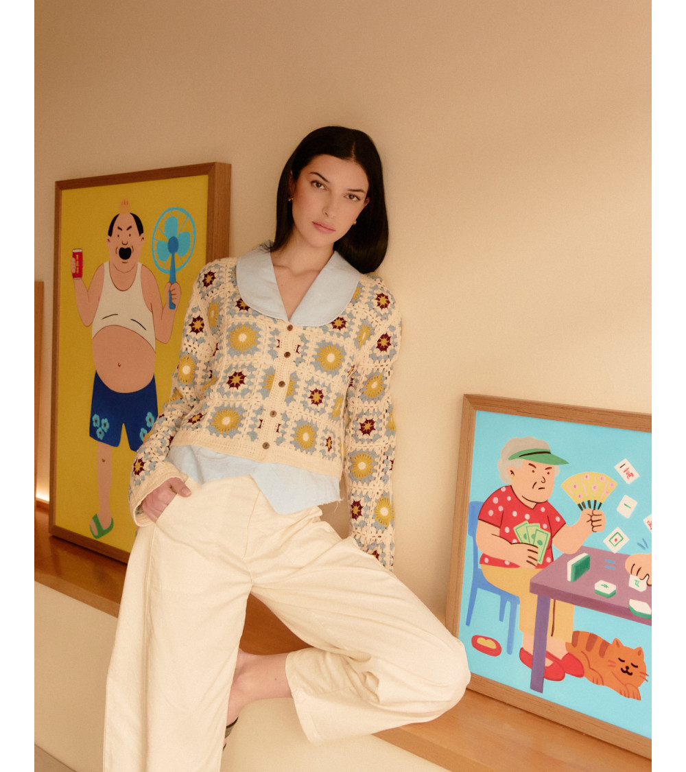 CÁRDIGAN DE PUNTO CROCHET MULTICOLOR CON CUELLO EN V | MULAYA