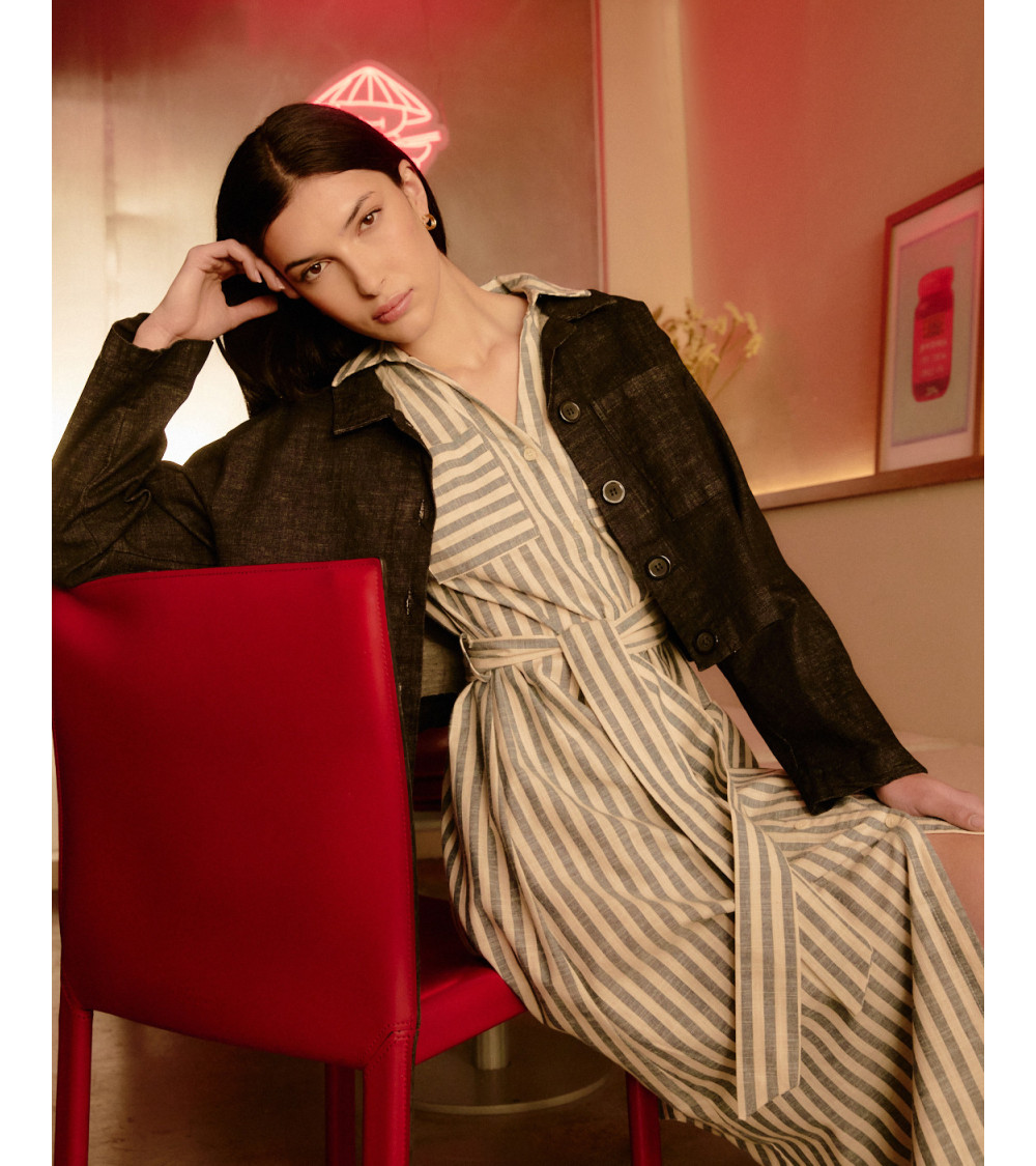 Vestido Largo de Rayas con Cinturón y Lino | MULAYA