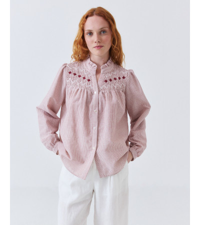 CAMISA DE ALGODÓN A RAYAS CON BORDADOS Y CUELLO VOLANTE | MULAYA