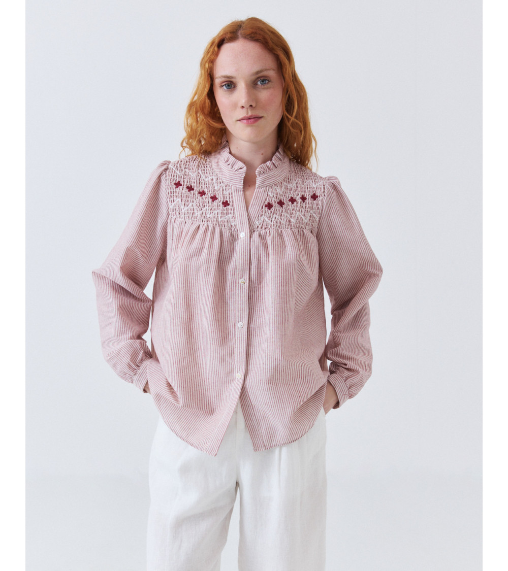 CAMISA DE ALGODÓN A RAYAS CON BORDADOS Y CUELLO VOLANTE | MULAYA