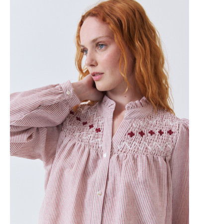 CAMISA DE ALGODÓN A RAYAS CON BORDADOS Y CUELLO VOLANTE | MULAYA