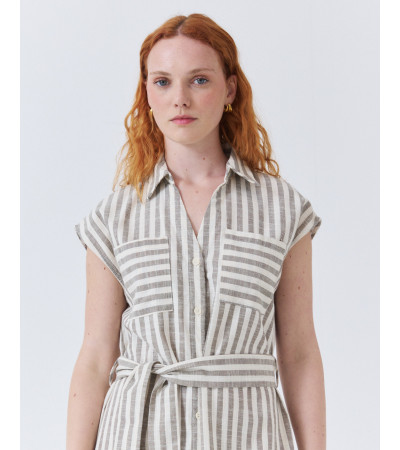 Vestido Largo de Rayas con Cinturón y Lino | MULAYA